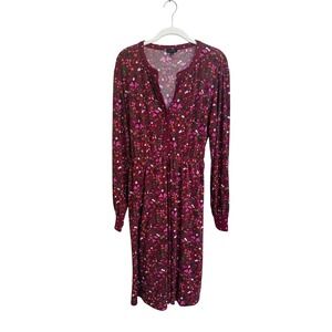 Talbots Burgundy Floral Long Sleeve Button Front Tie Waist Midi Dress Size Small